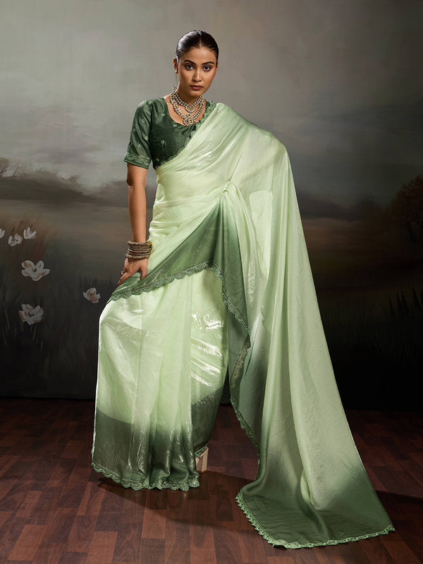 Green Satin Plain Dyed Saree sedora couture