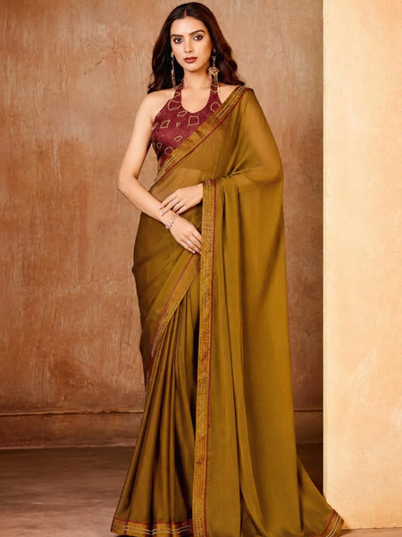 Golden Georgette Solid Printed Saree sedora couture