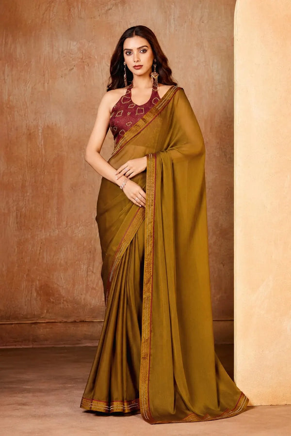 Golden Georgette Solid Printed Saree sedora couture