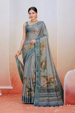 Blue Kanjivaram Floral Printed Saree sedora couture
