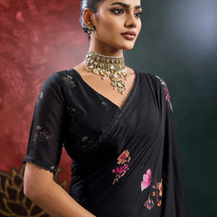 Black Georgette Floral Printed Saree sedora couture