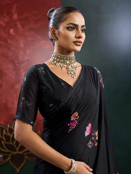 Black Georgette Floral Printed Saree sedora couture