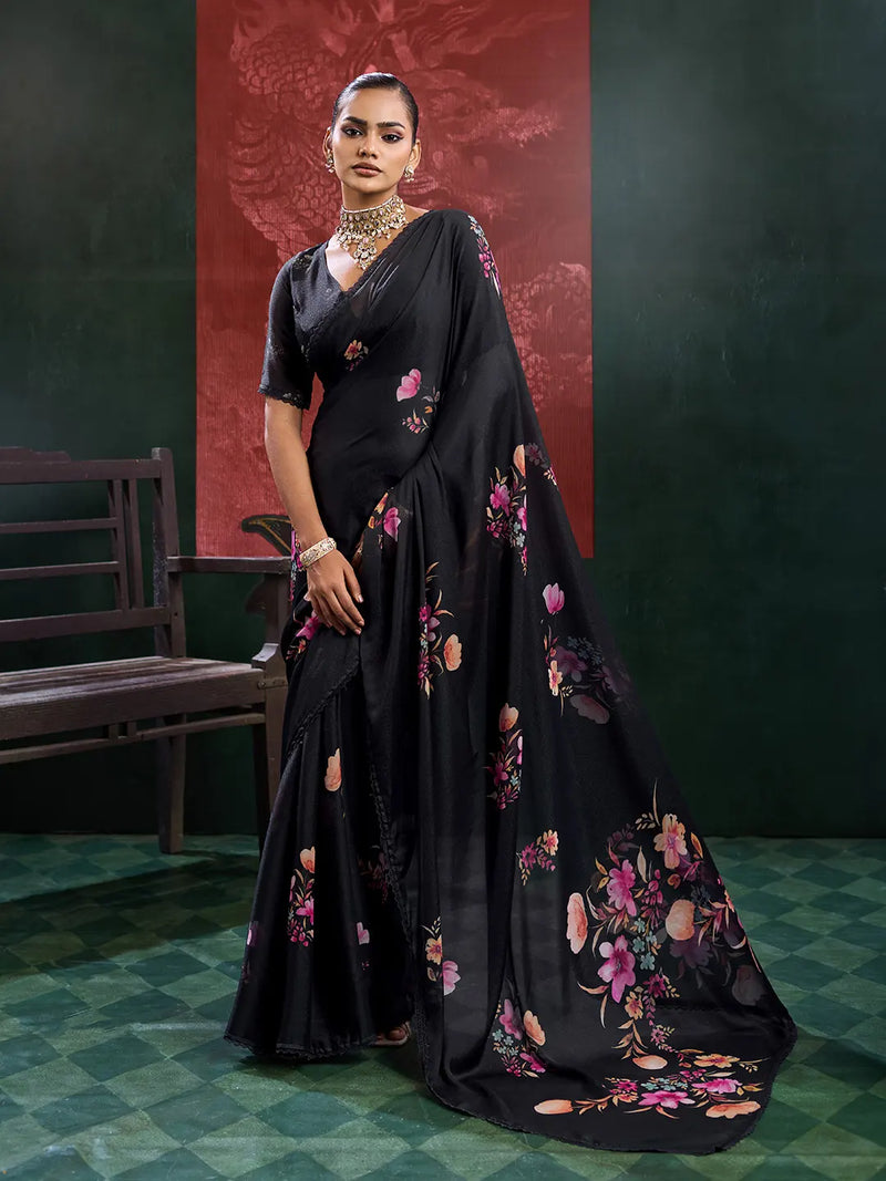Black Georgette Floral Printed Saree sedora couture