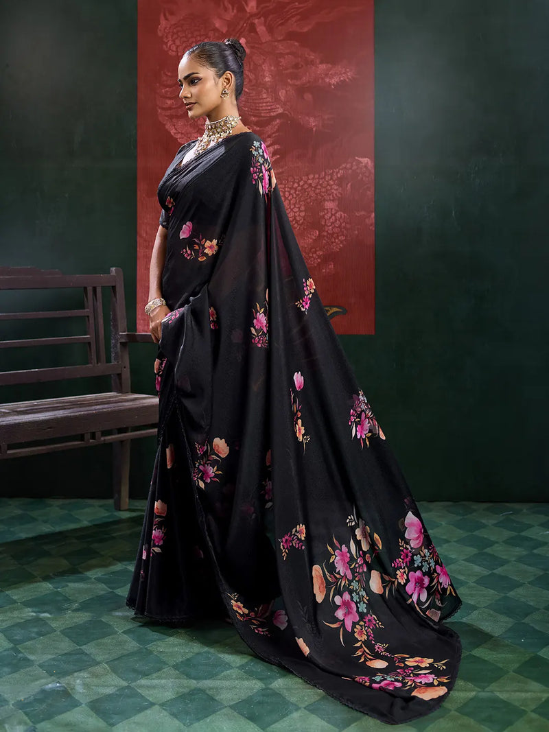 Black Georgette Floral Printed Saree sedora couture