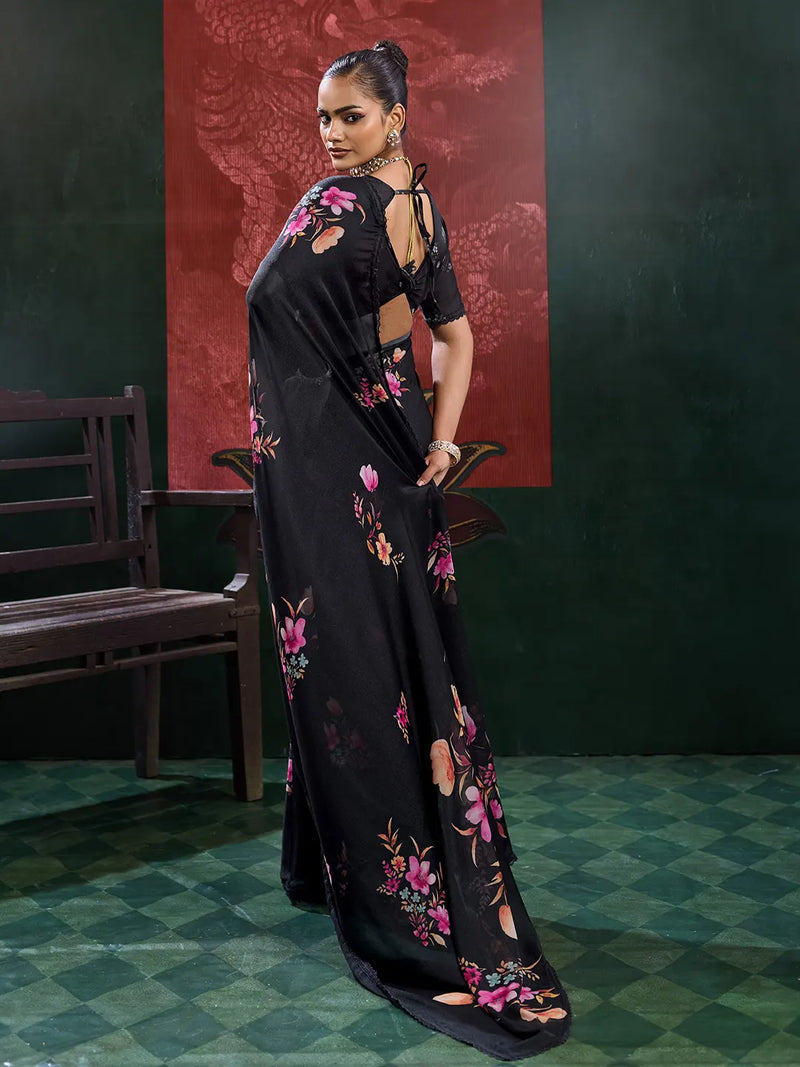 Black Georgette Floral Printed Saree sedora couture