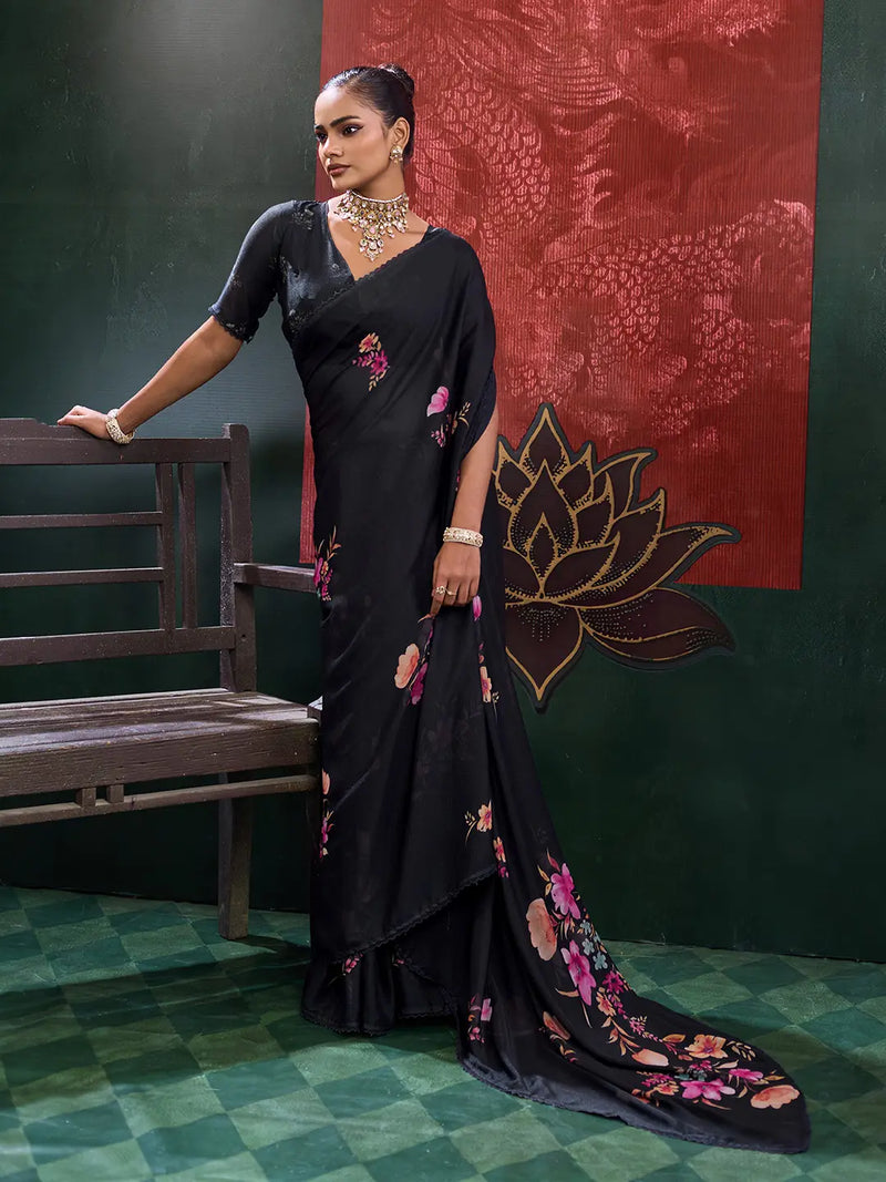 Black Georgette Floral Printed Saree sedora couture