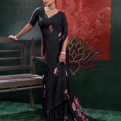 Black Georgette Floral Printed Saree sedora couture