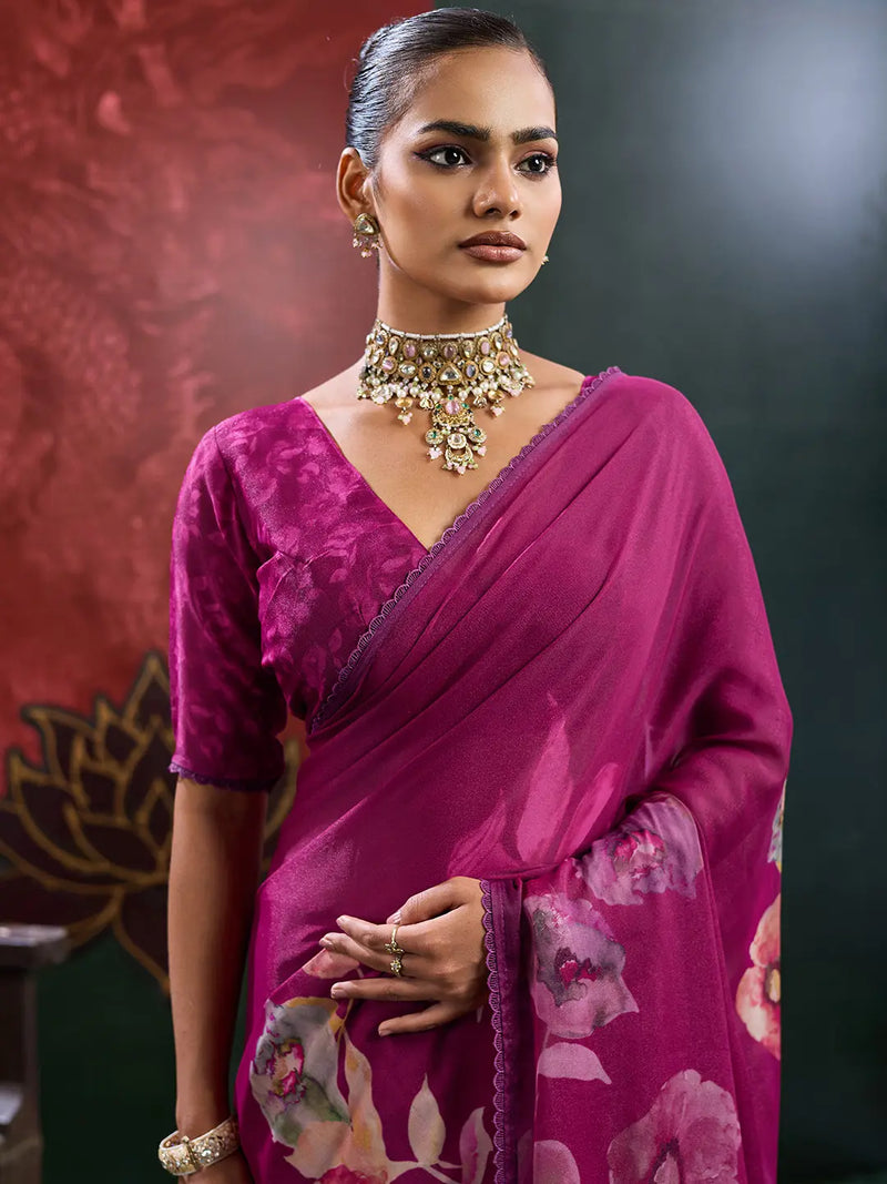 Purple Georgette Floral Printed Saree sedora couture