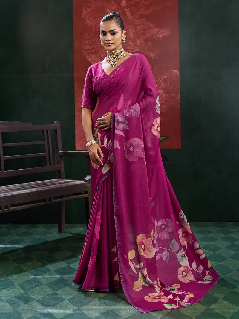 Purple Georgette Floral Printed Saree sedora couture