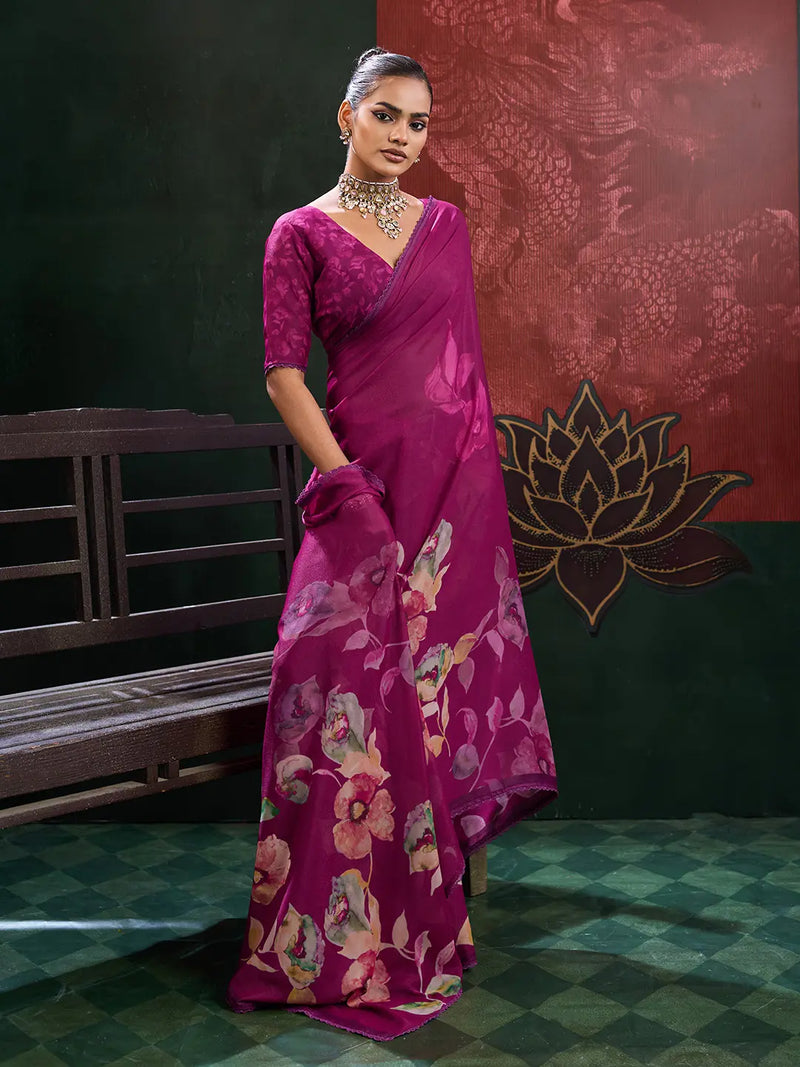 Purple Georgette Floral Printed Saree sedora couture