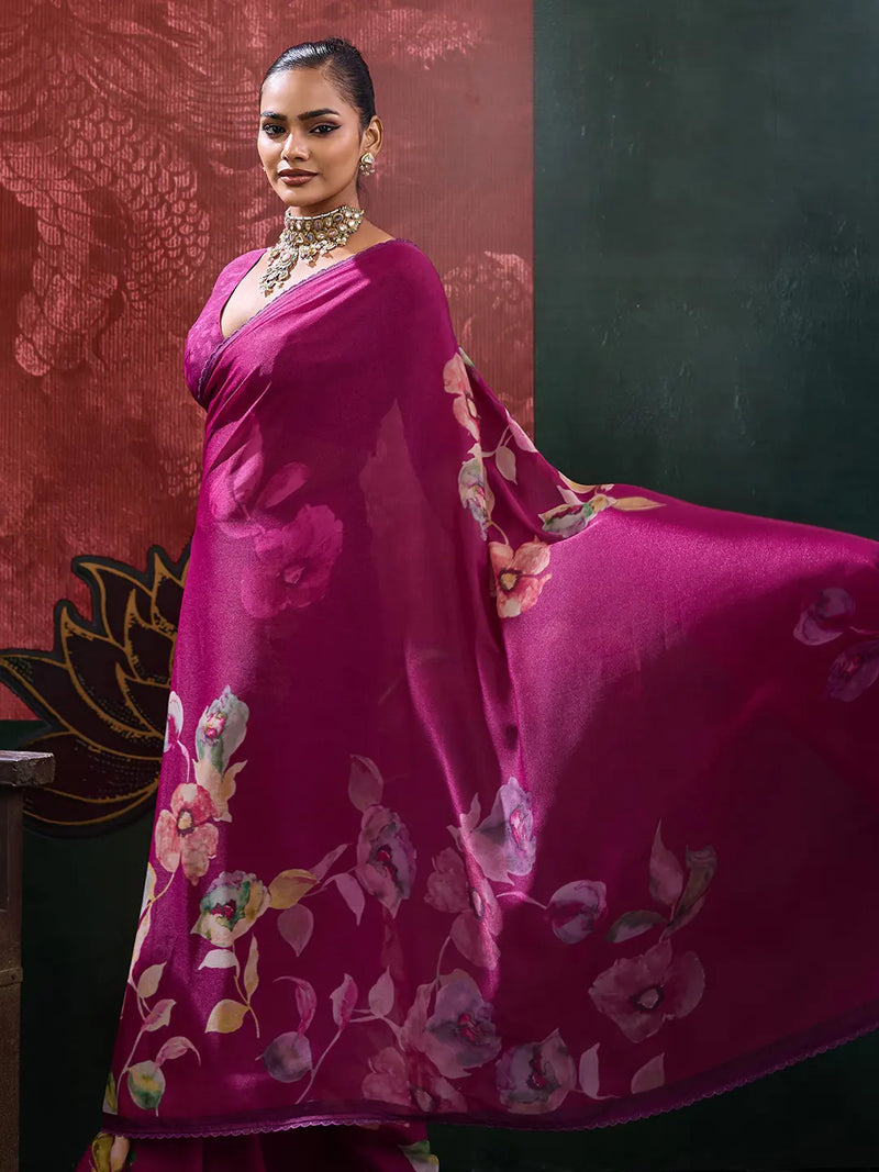 Purple Georgette Floral Printed Saree sedora couture