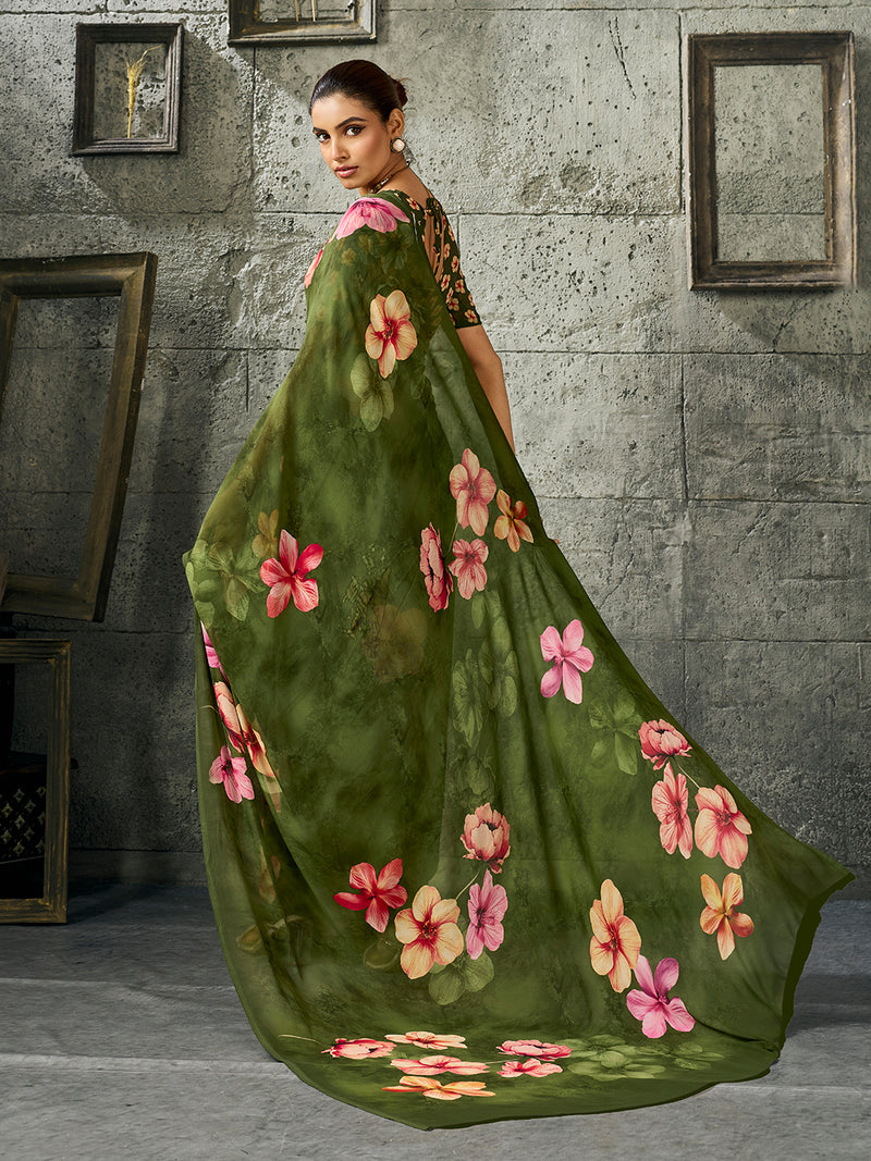 Green Pure Weightless Floral Printed Saree sedoracouture