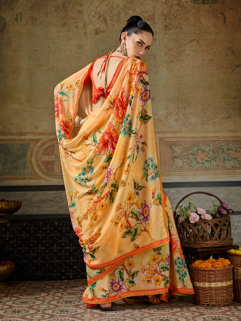 Yellow Georgette Floral Printed Saree sedoracouture