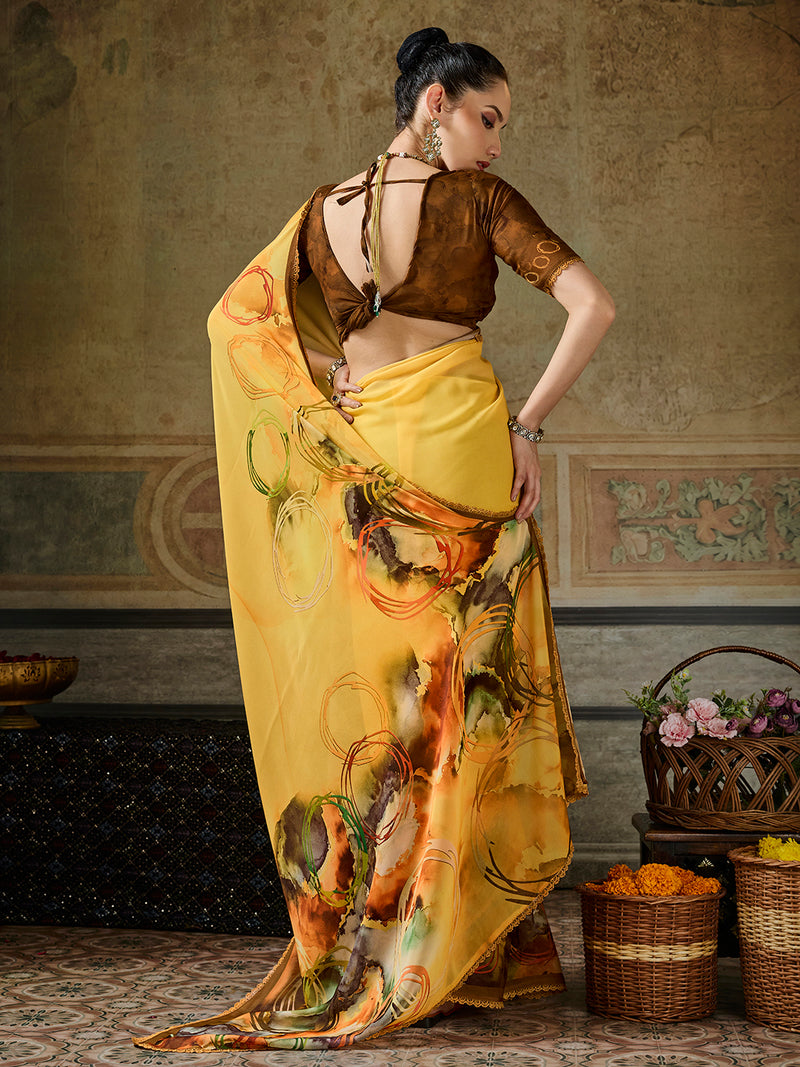 Mustard Georgette Floral Printed Saree sedora couture