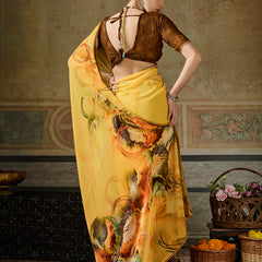 Mustard Georgette Floral Printed Saree sedora couture