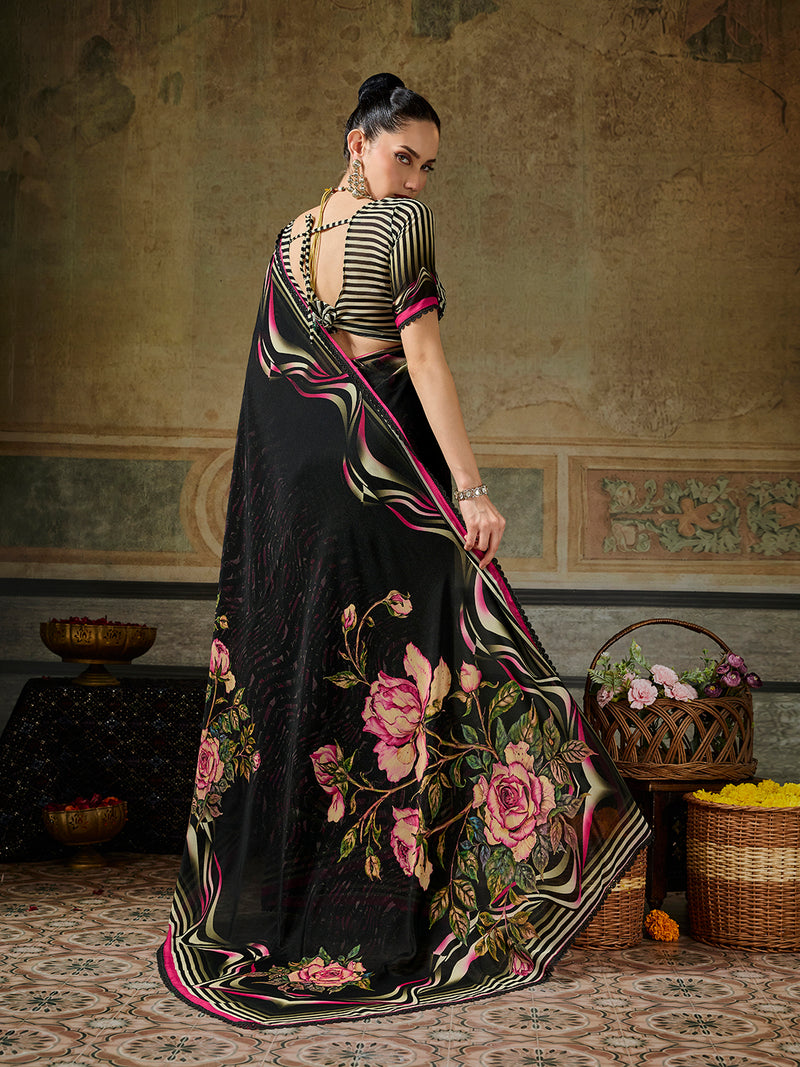 Black Georgette Floral Printed Saree sedoracouture
