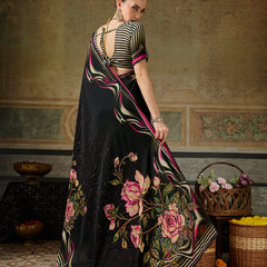 Black Georgette Floral Printed Saree sedoracouture