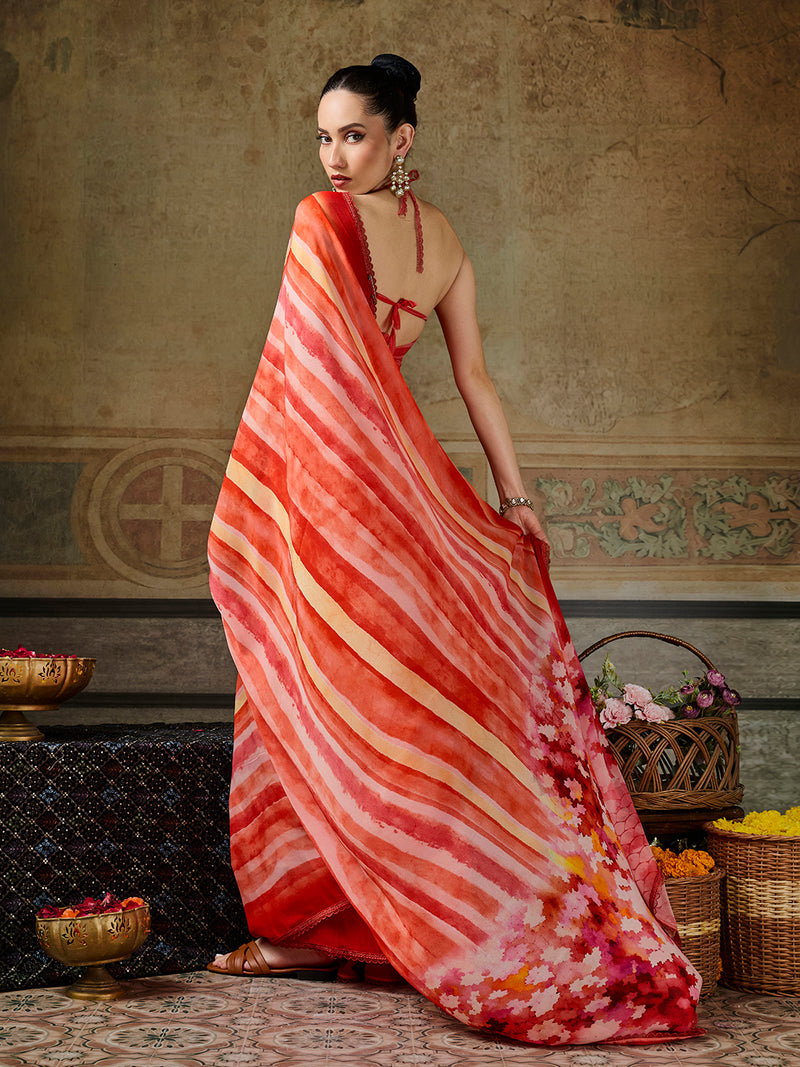 Orange Georgette Abstract Printed Saree sedoracouture
