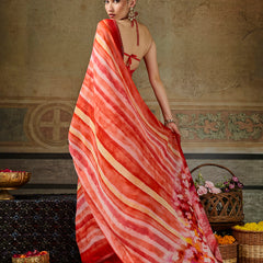 Orange Georgette Abstract Printed Saree sedoracouture