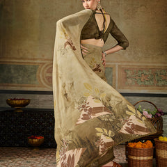 Olive Georgette Floral Printed Saree sedora couture