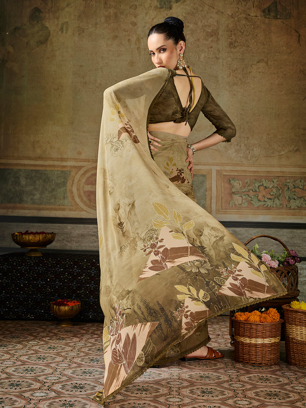 Olive Georgette Floral Printed Saree sedora couture
