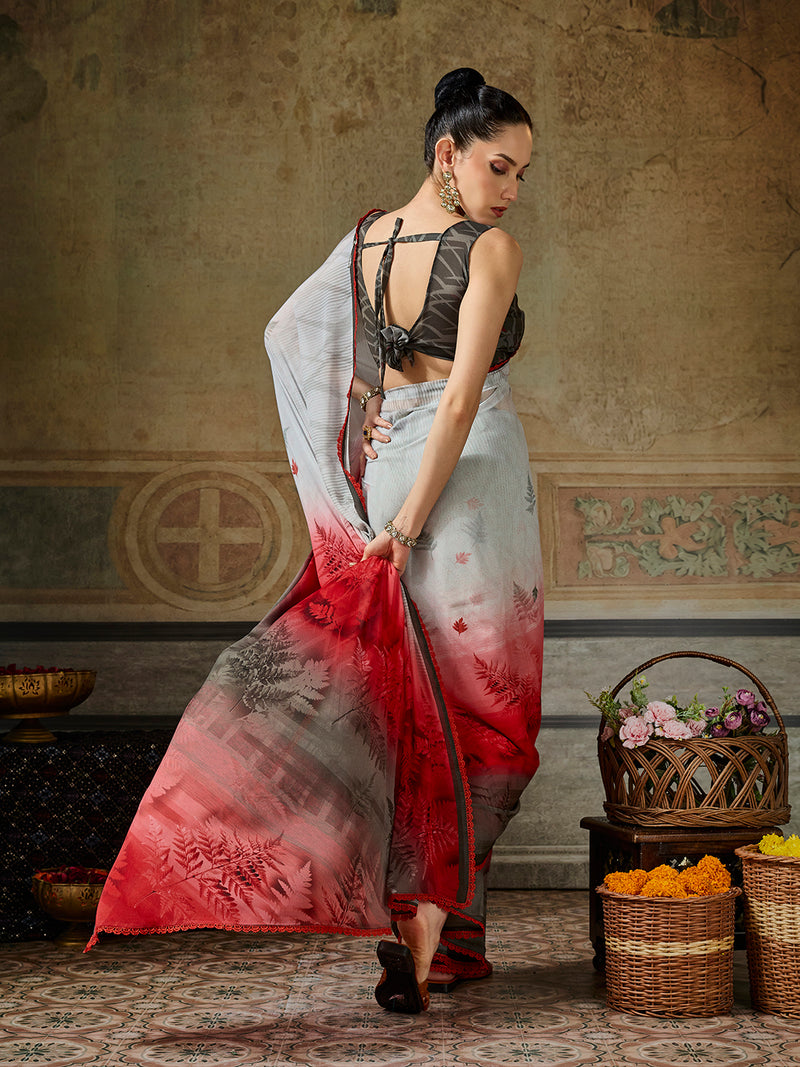 White Georgette Floral Printed Saree sedora couture