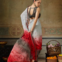 White Georgette Floral Printed Saree sedora couture