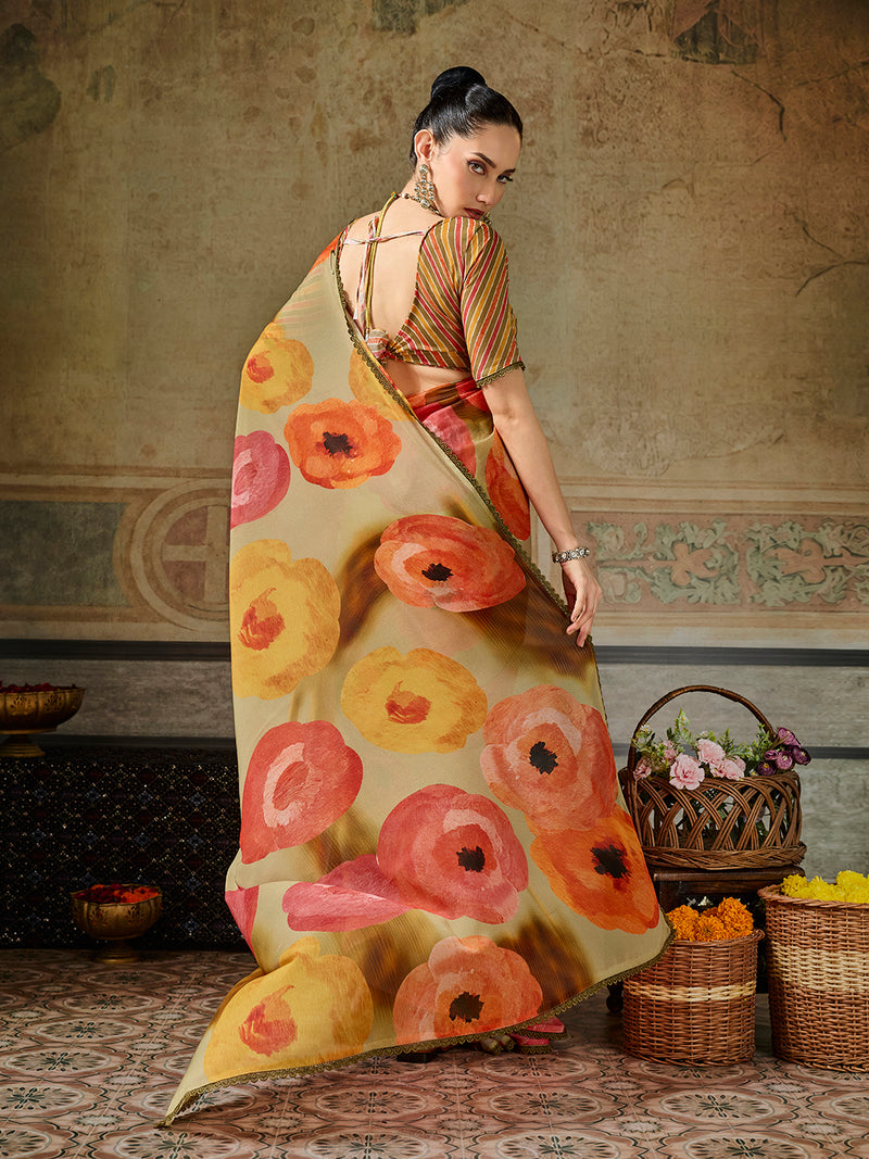 Yellow Georgette Floral Printed Saree sedora couture