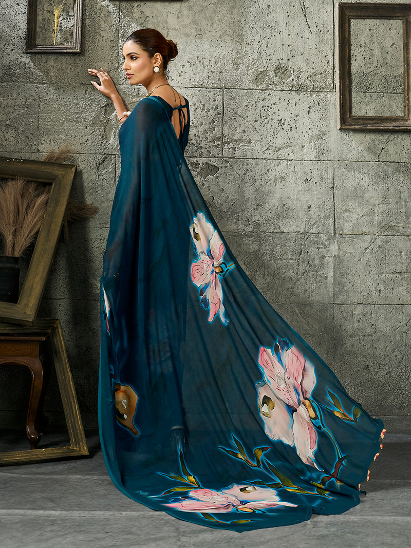 Blue Pure Weightless Floral Printed Saree sedoracouture