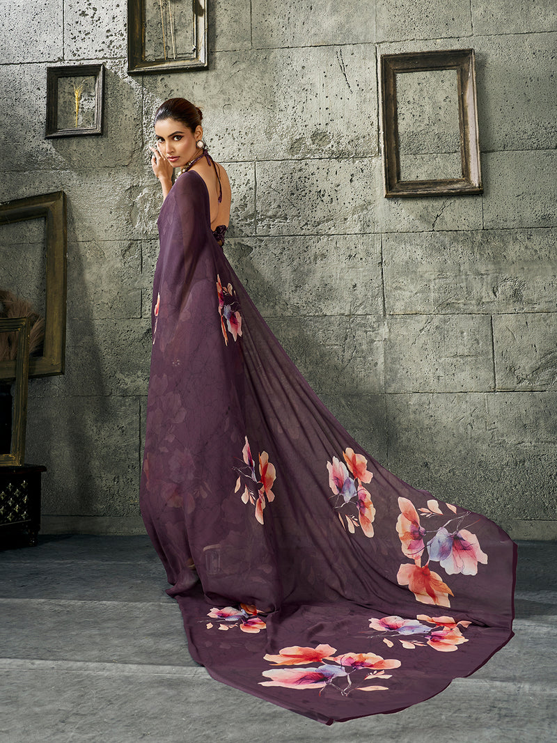 Dark Purple Pure Weightless Floral Printed Saree sedoracouture