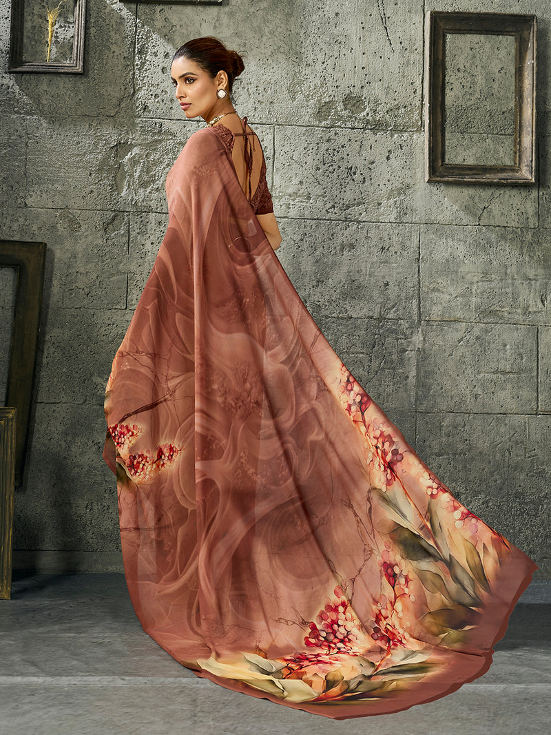 Brown Pure Weightless Floral Printed Saree sedora couture