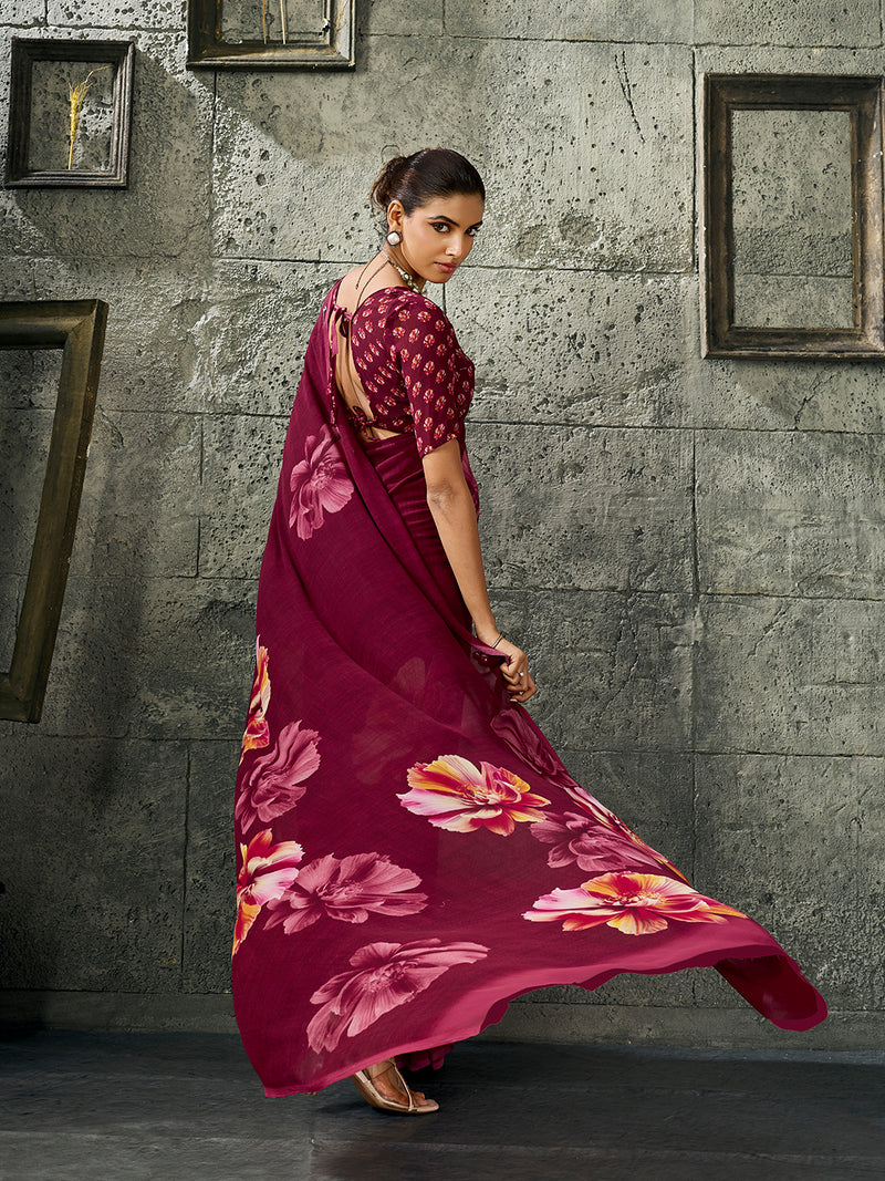 Wine Pure Weightless Floral Printed Saree sedora couture