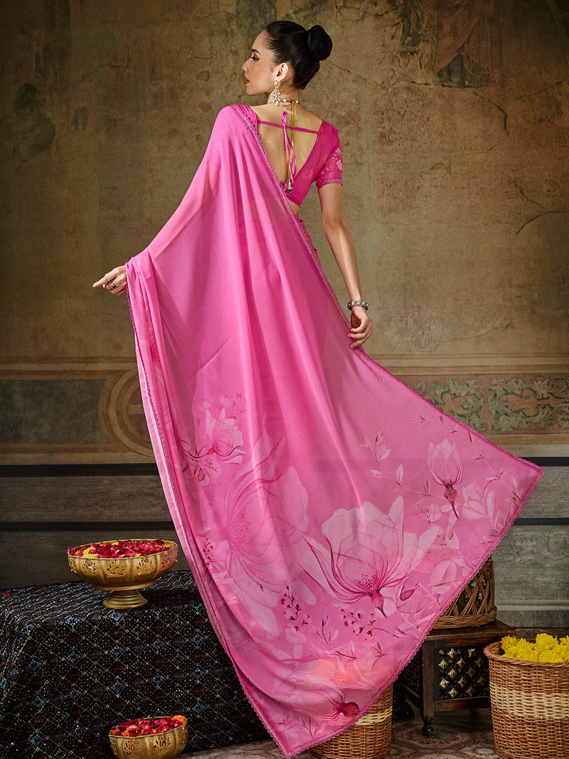 Pink Georgette Floral Printed Saree sedora couture