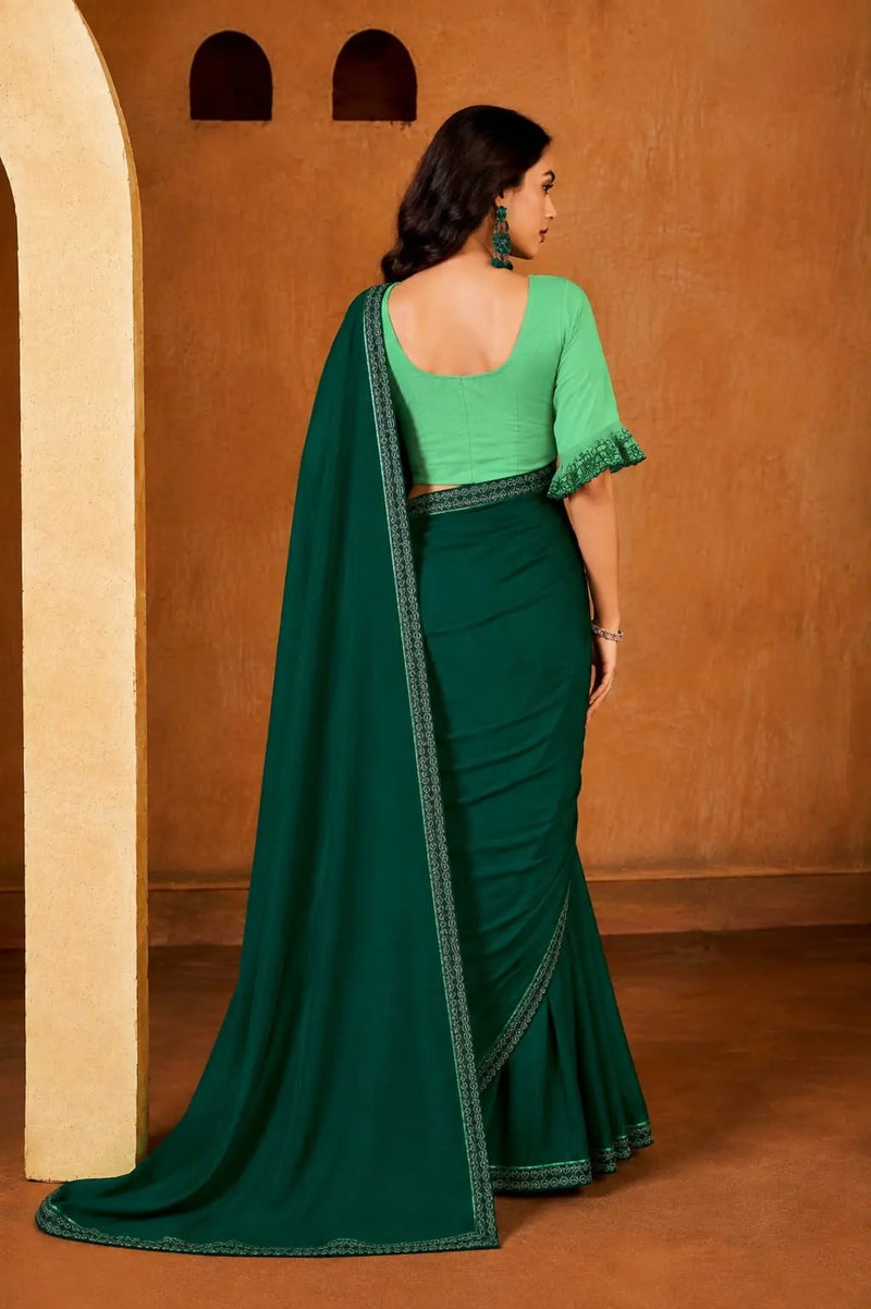 Teal Green Georgette Solid Printed Saree sedora couture