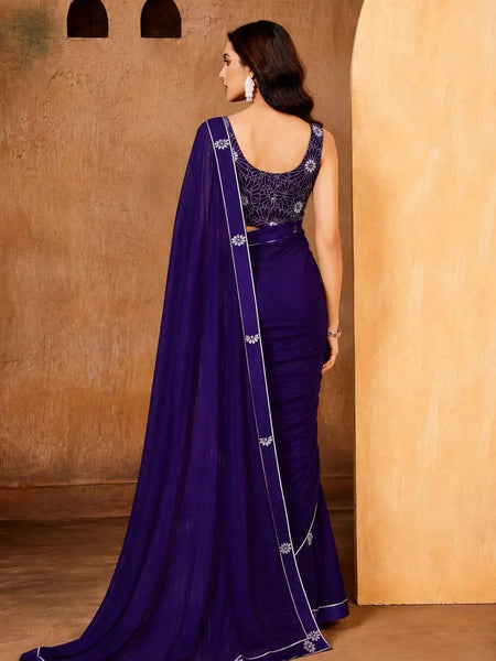 Purple Georgette Solid Printed Saree sedora couture