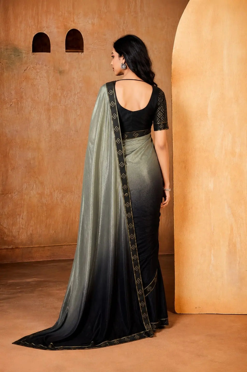 Black and Grey Georgette Solid Printed Saree sedora couture