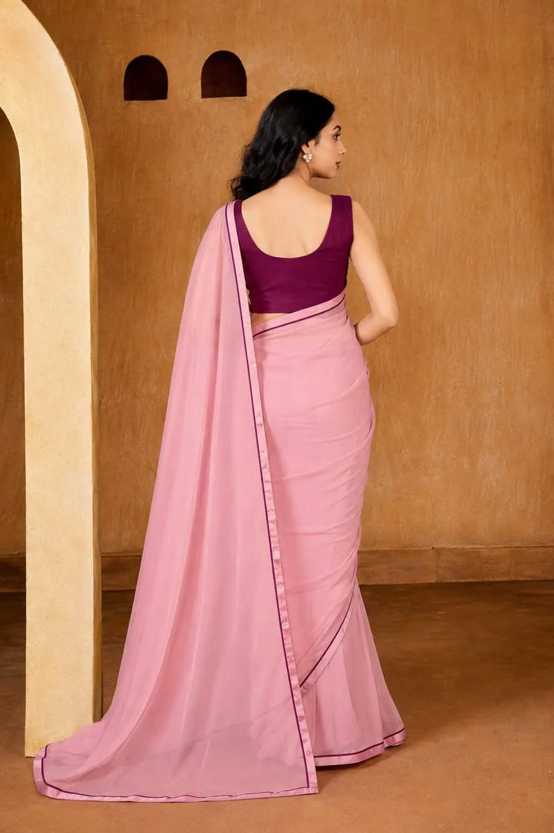 Pink Georgette Solid Printed Saree sedora couture