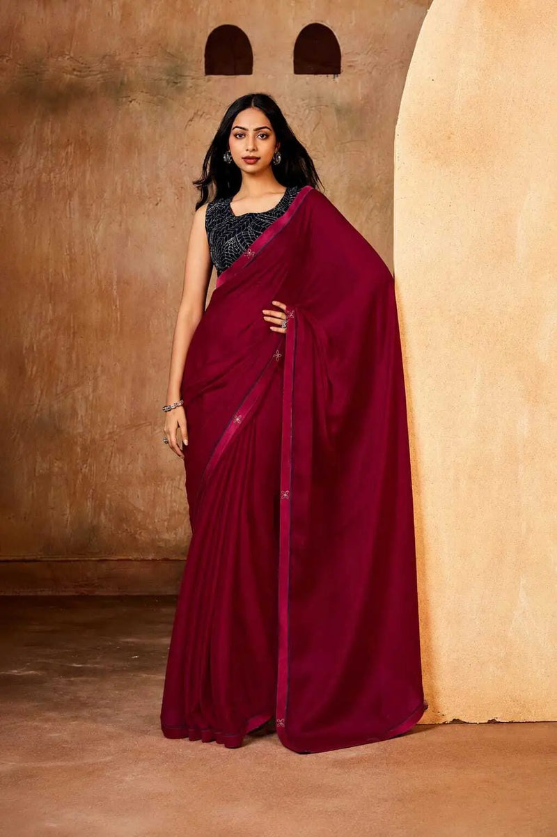 Red Georgette Solid Printed Saree sedora couture