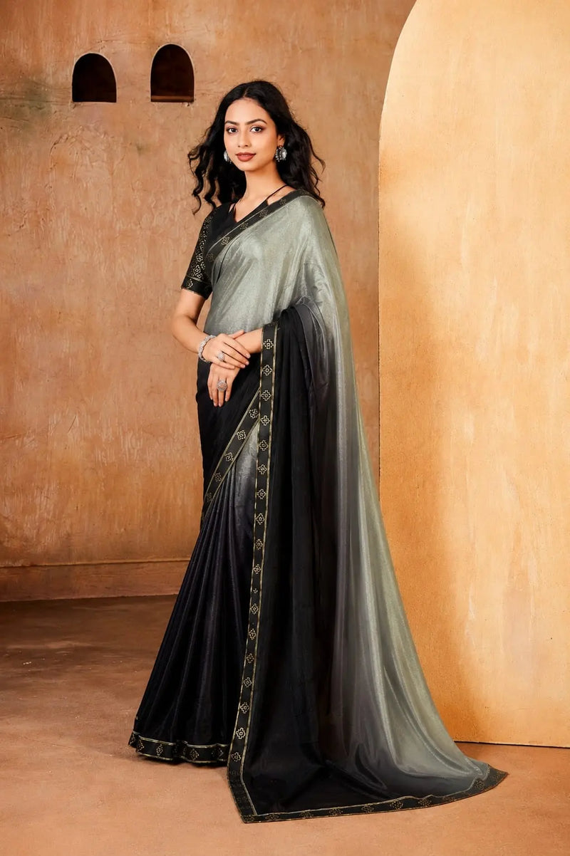 Black and Grey Georgette Solid Printed Saree sedora couture