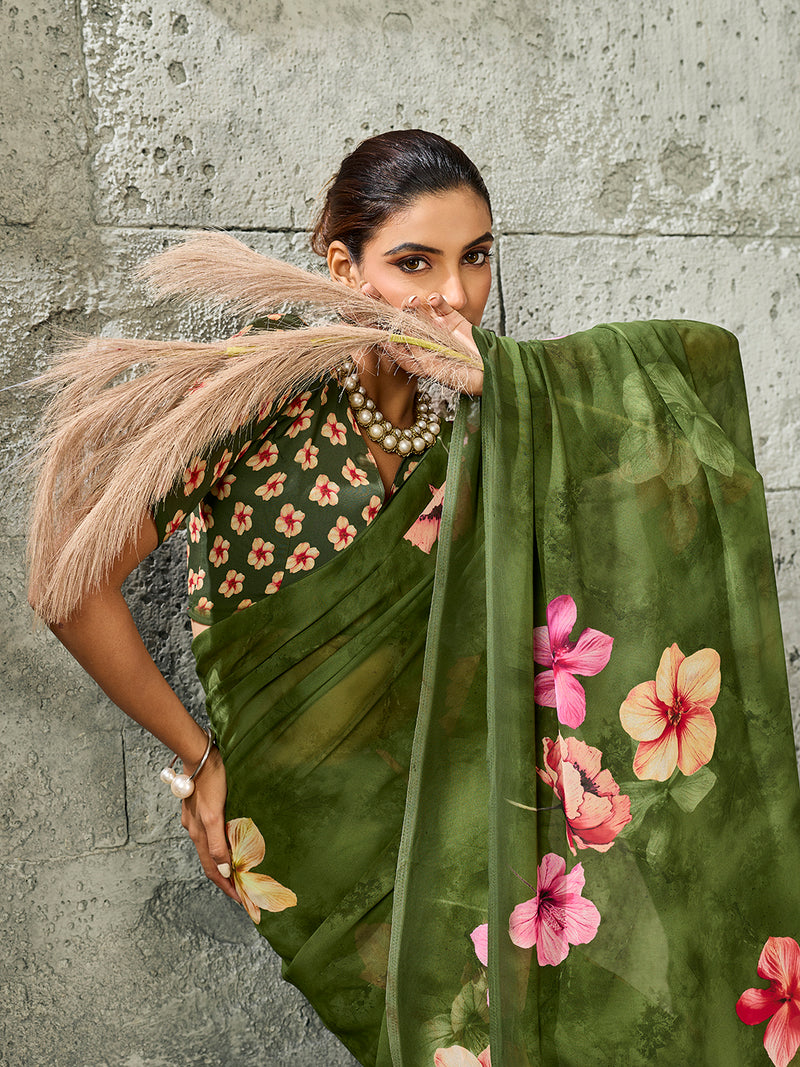 Green Pure Weightless Floral Printed Saree sedoracouture