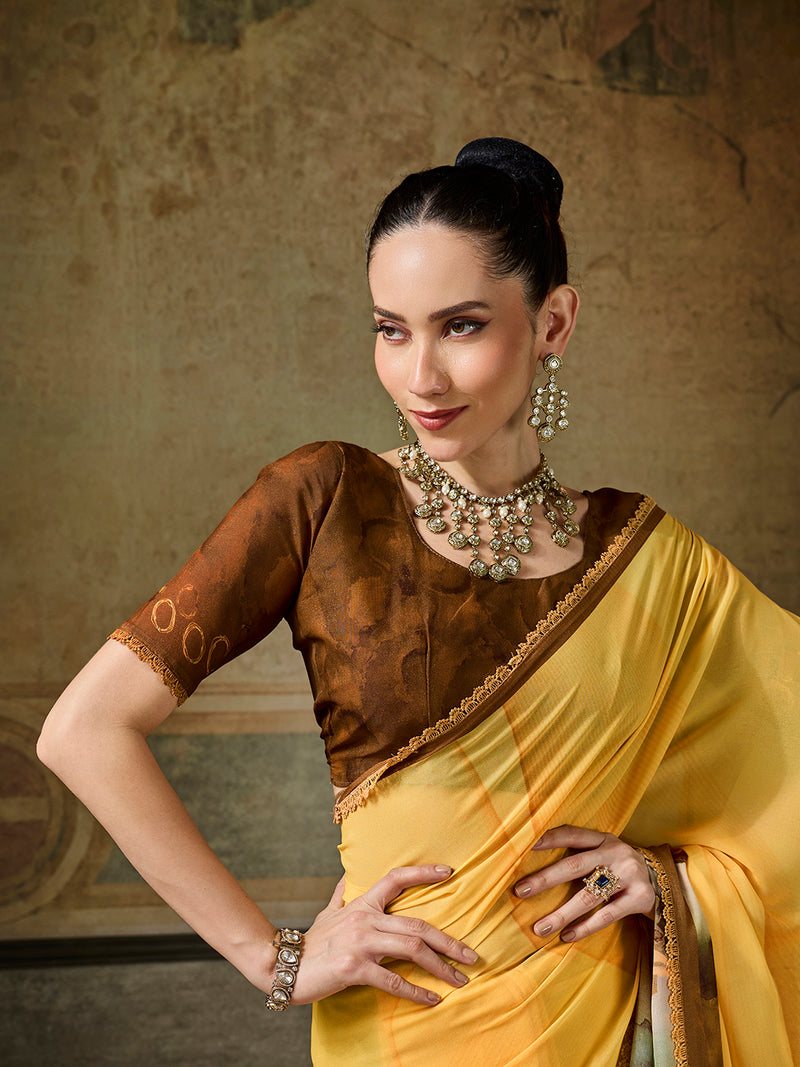 Mustard Georgette Floral Printed Saree sedora couture