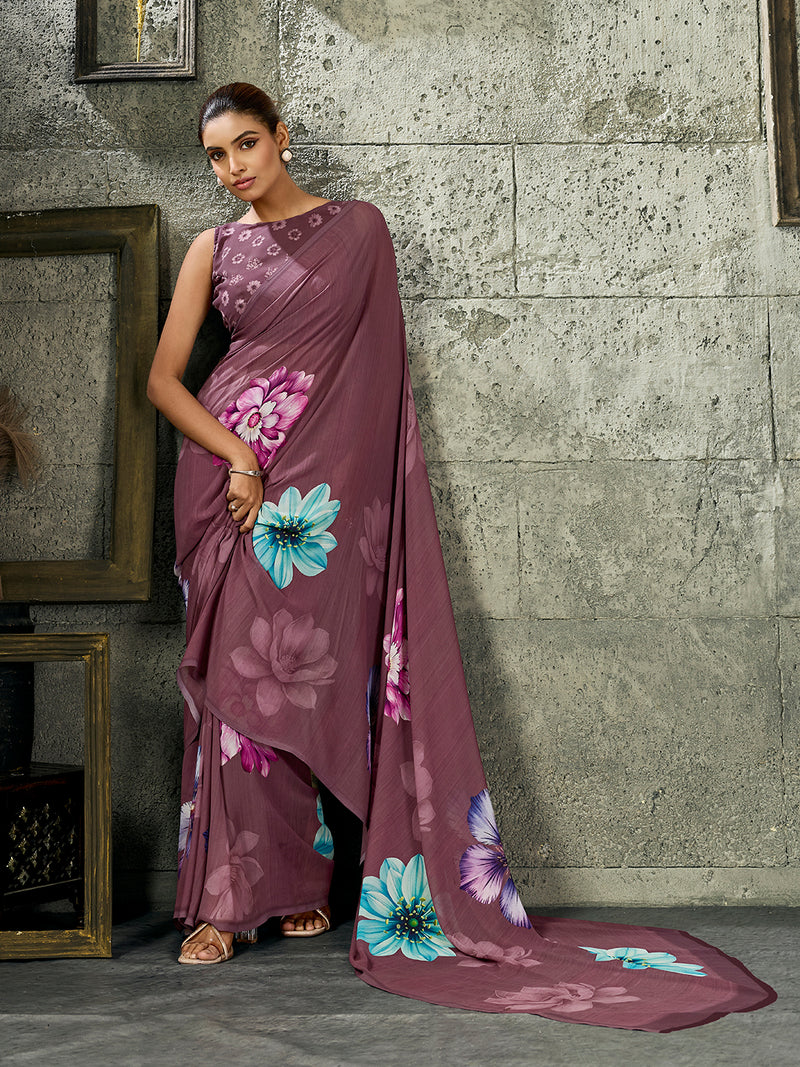 Dusty Purple Georgette Floral Saree sedora couture