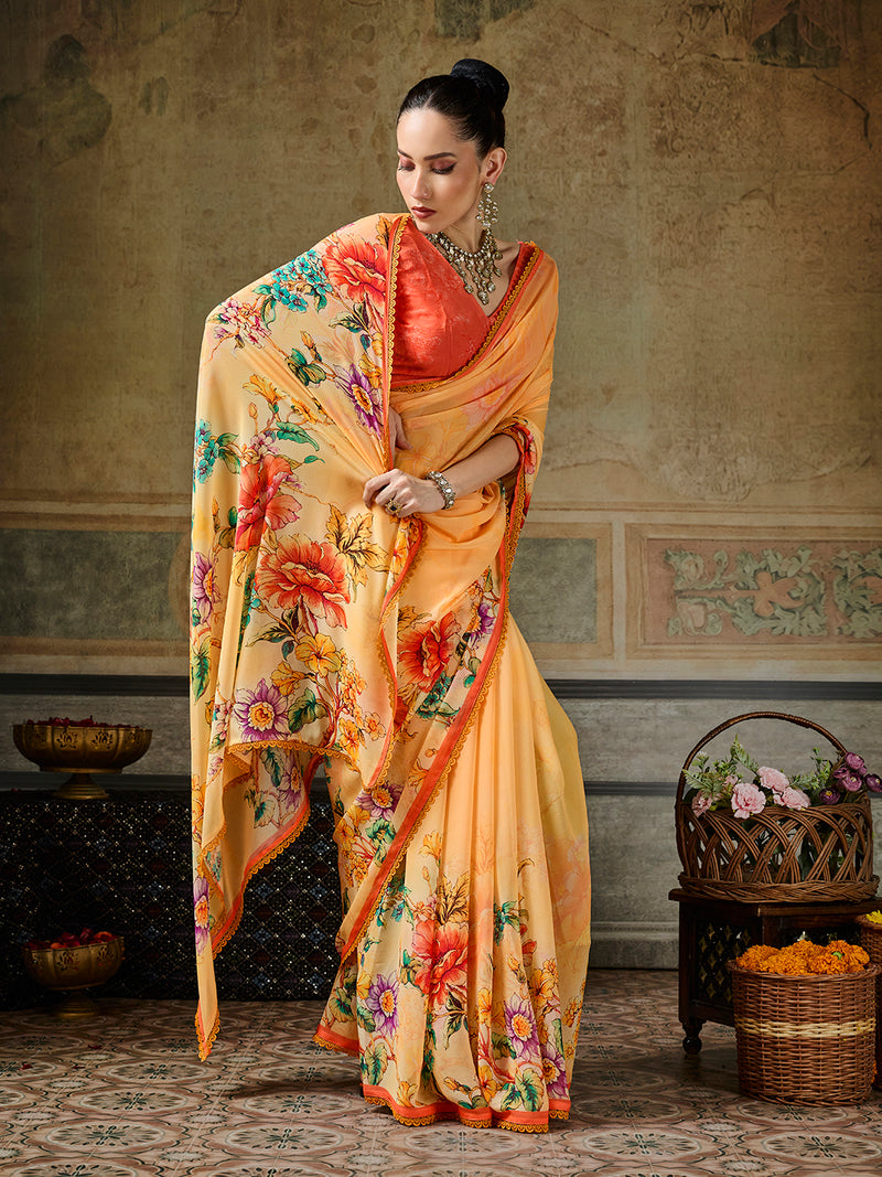 Yellow Georgette Floral Printed Saree sedoracouture