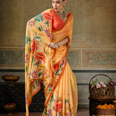 Yellow Georgette Floral Printed Saree sedoracouture