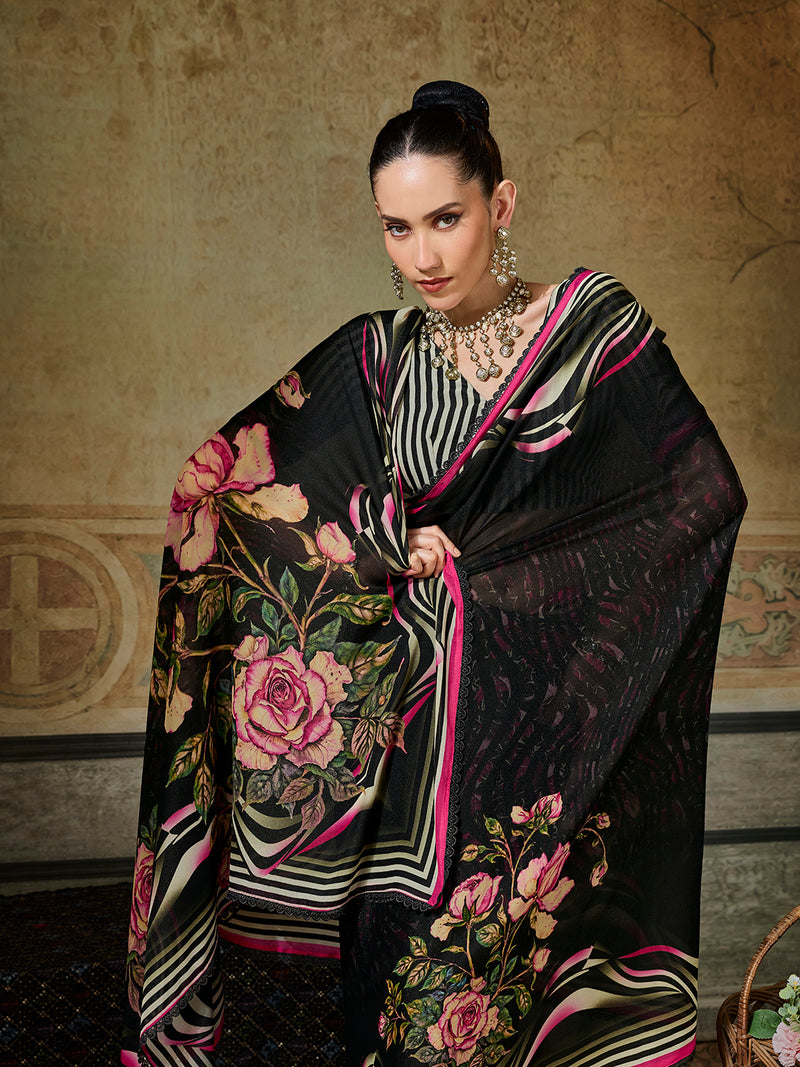 Black Georgette Floral Printed Saree sedoracouture