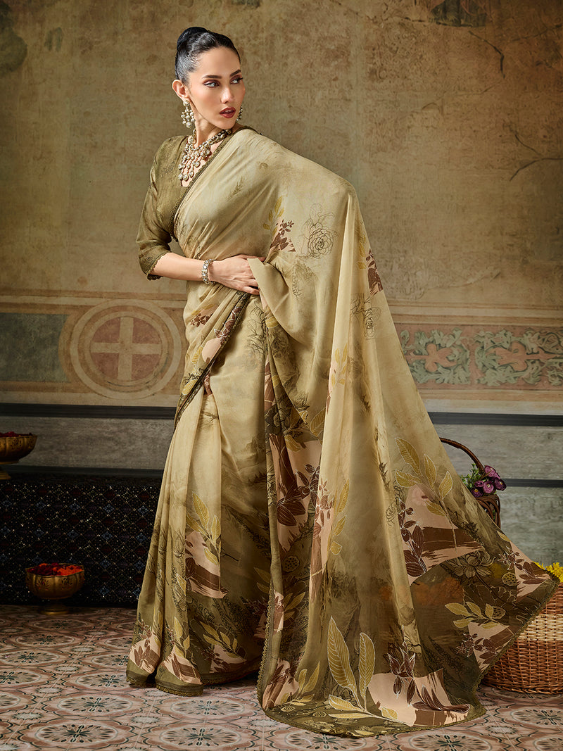 Olive Georgette Floral Printed Saree sedora couture