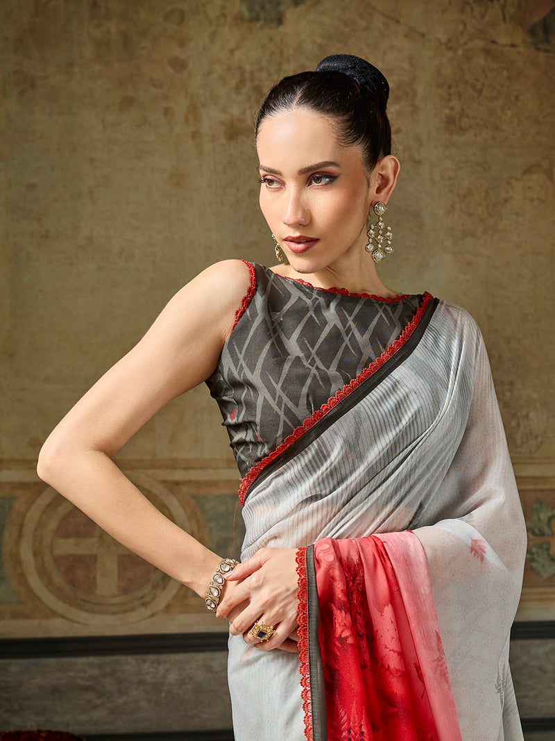 White Georgette Floral Printed Saree sedora couture