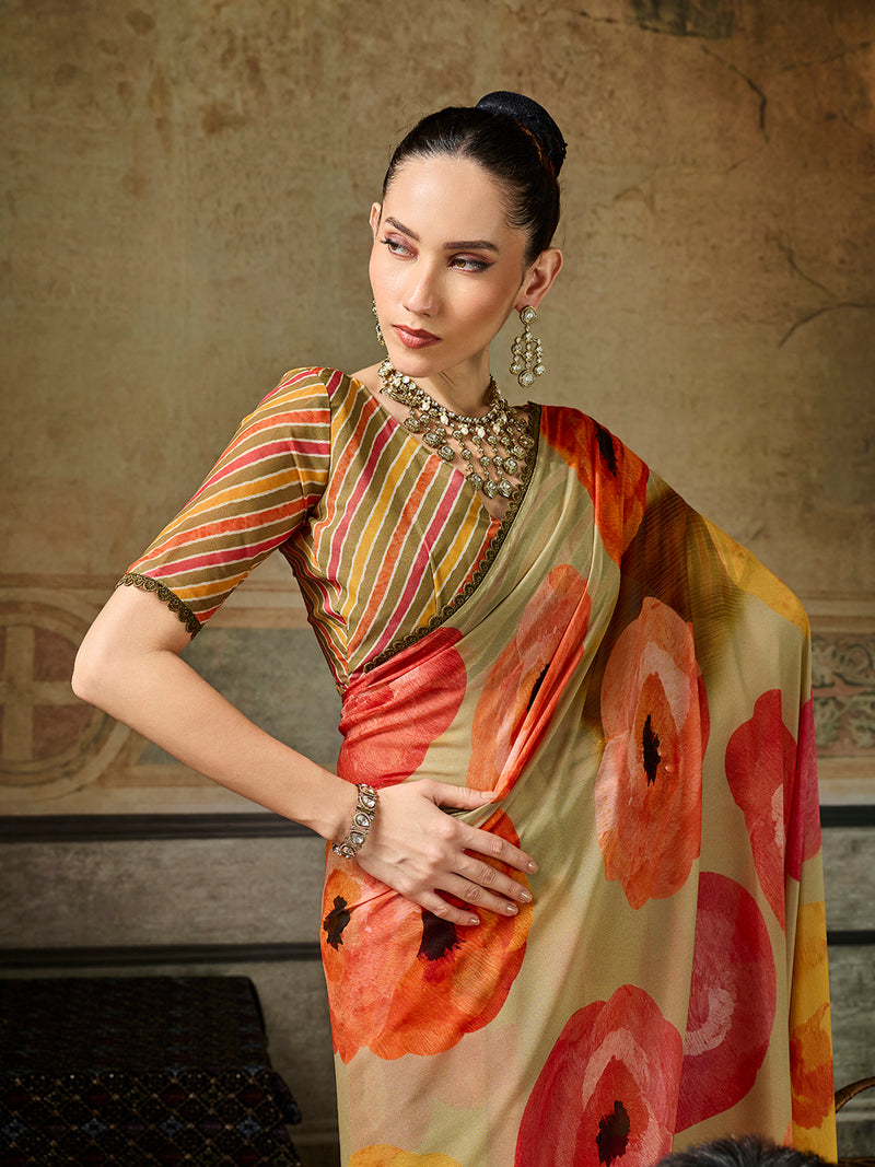 Yellow Georgette Floral Printed Saree sedora couture