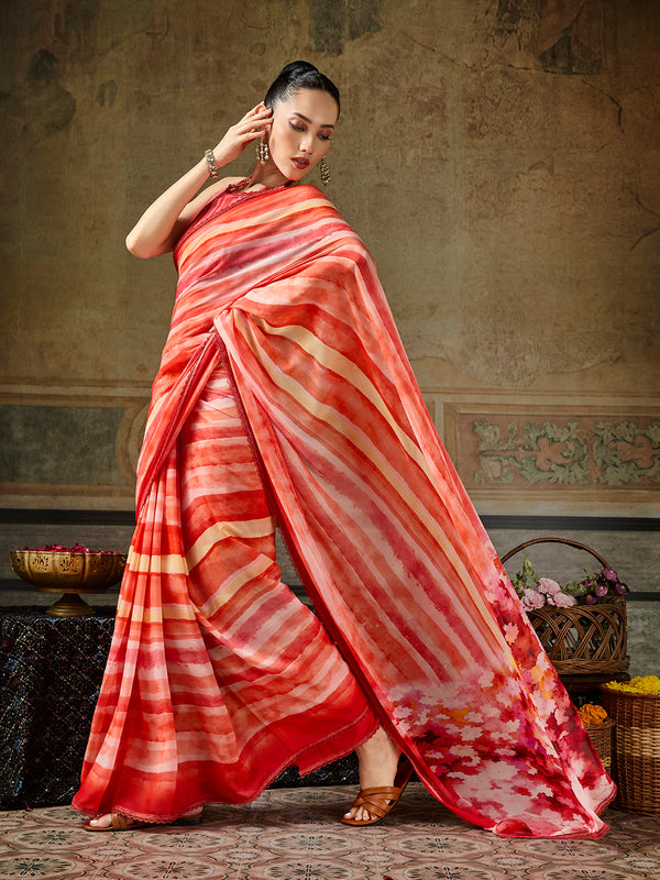 Orange Georgette Abstract Printed Saree sedora couture