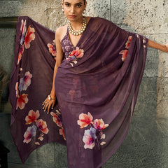 Dark Purple Pure Weightless Floral Printed Saree sedoracouture